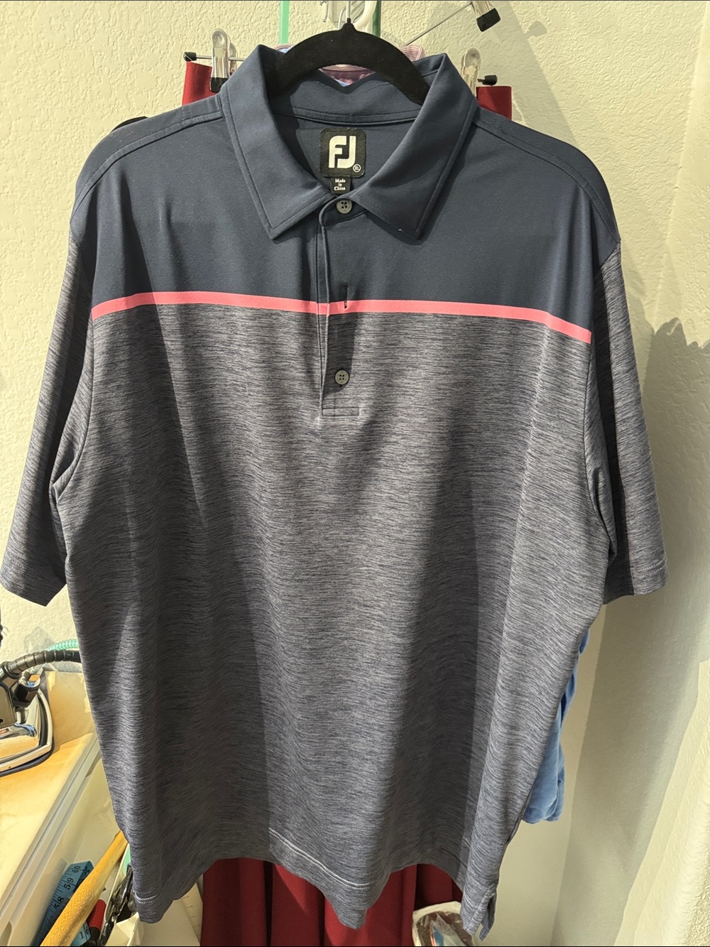 FootJoy Gray Heather Polo with Navy Yoke and Pink Stripe